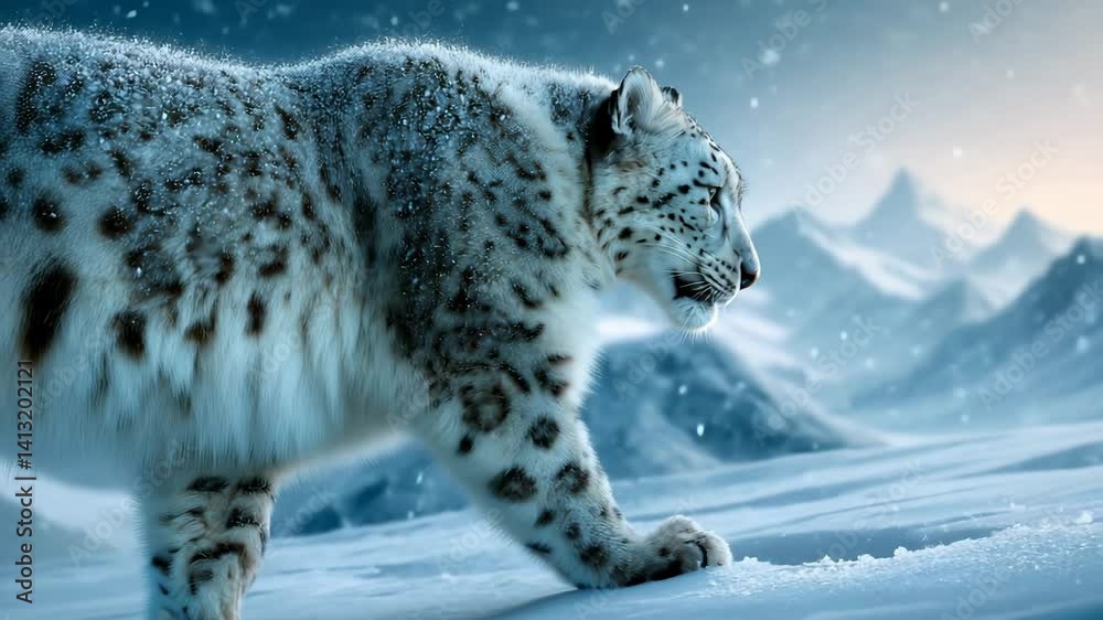 snow leopard walk on snow with side view