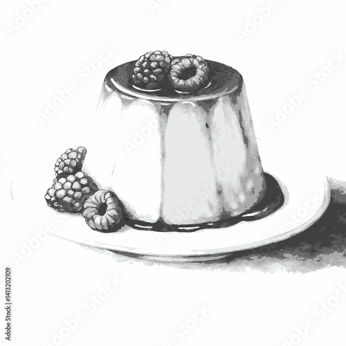 Panna Cotta Dessert with Raspberry Coulis on White Plate  