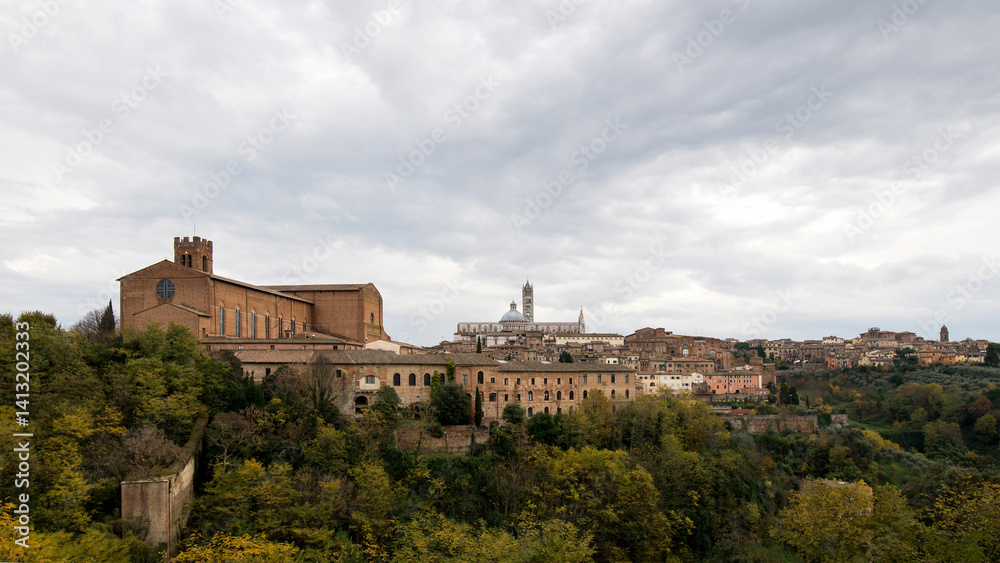 Obraz premium The ancient walls, the tower and the church of the City of Siena seen from afar. Italy