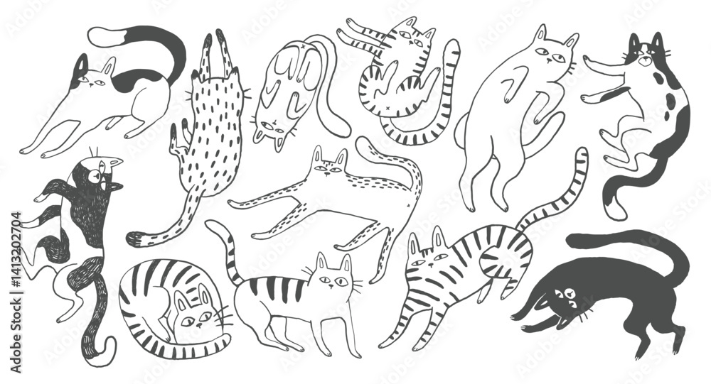 Fototapeta Doodle outline quirky cats hand drawn illustration, whimsical black ink cats print, cartoon pet line art