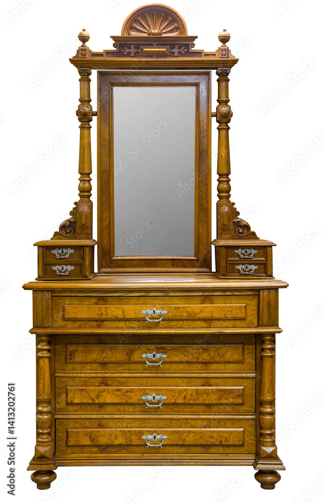 Elegant antique wooden vanity with mirror and intricate detailing in a classic style