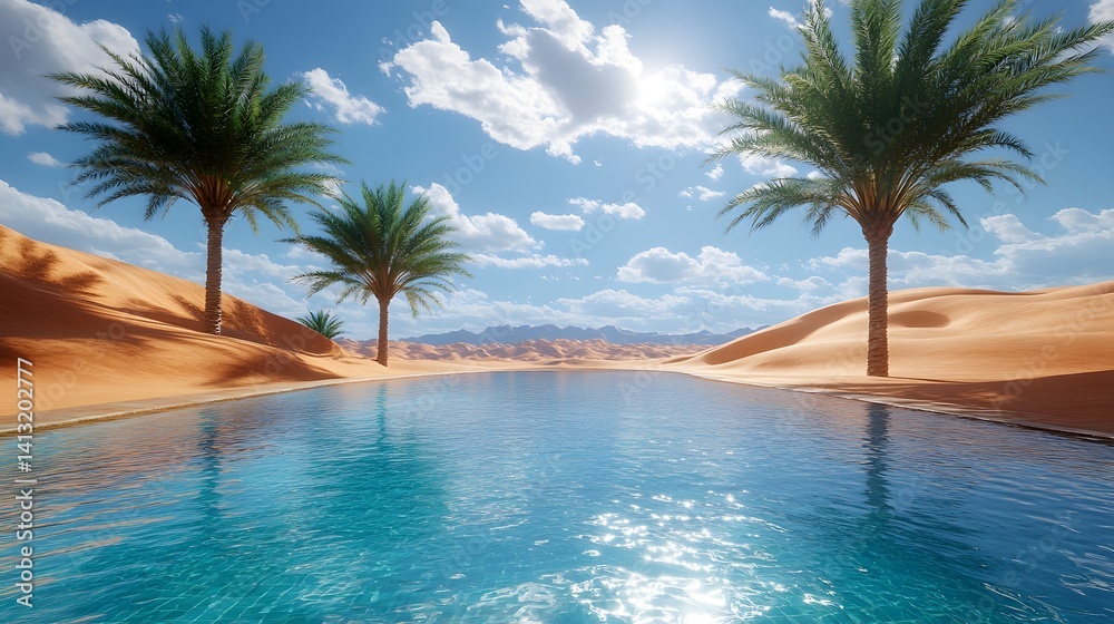 A beautiful blue pool surrounded by palm trees in a desert setting A beautiful blue pool surrounded by palm trees in a desert setting