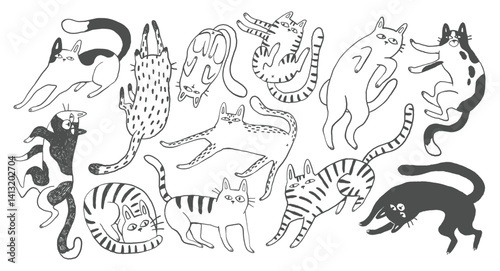 Doodle outline quirky cats hand drawn illustration, whimsical black ink cats print, cartoon pet line art