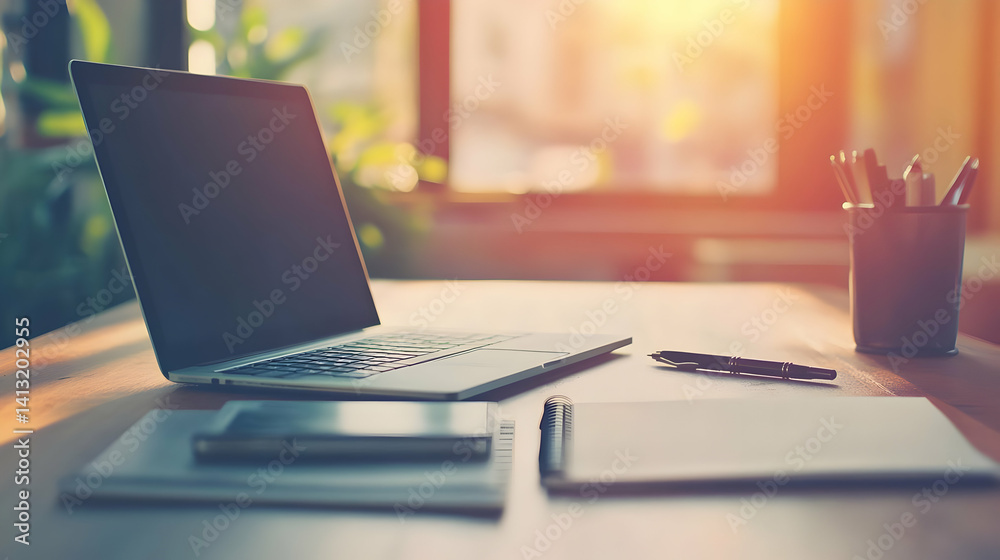 custom made wallpaper toronto digitalWarm Workspace Setup with Laptop and Stationery on Wooden Desk near Window with Natural Sunlight Creates an Inviting and Productive Atmosphere