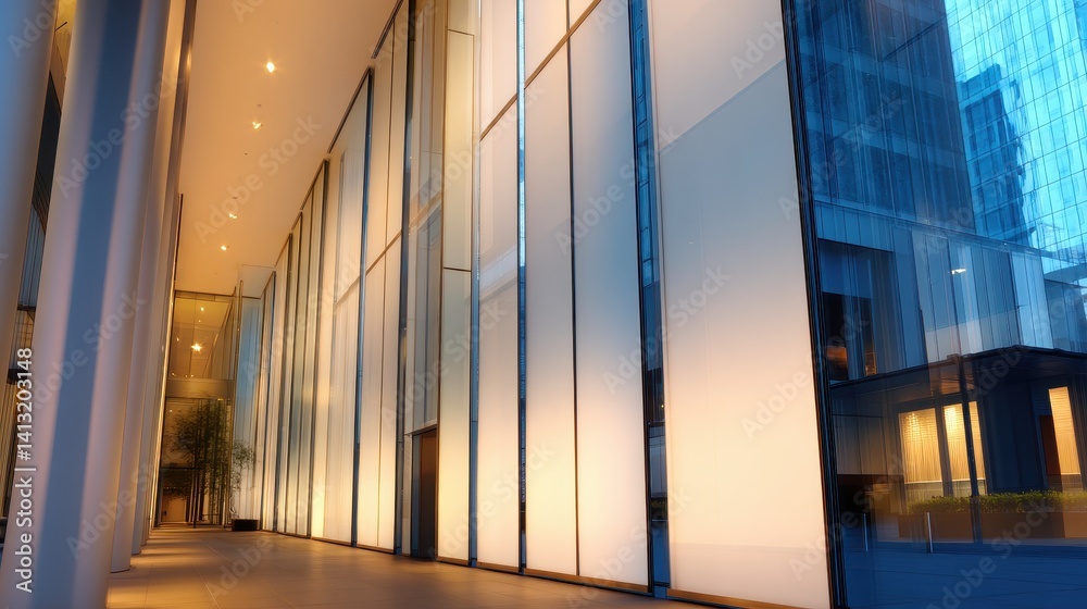 Fototapeta premium Modern architectural interior showcasing sleek glass walls and ambient lighting at dusk