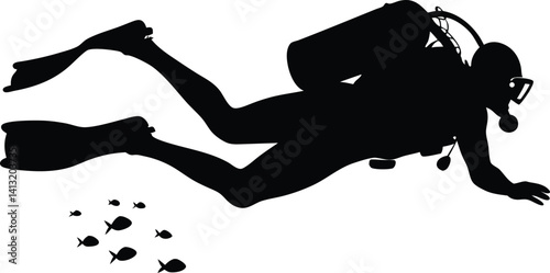 Silhouette of a Scuba Diver and Fish Swimming Underwater in the Ocean

