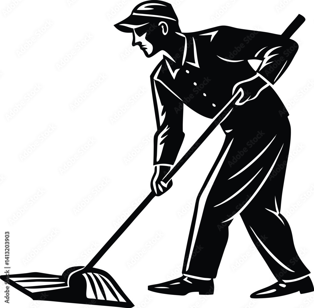Silhouette of Janitor sweeping floor Silhouette of Janitor sweeping floor