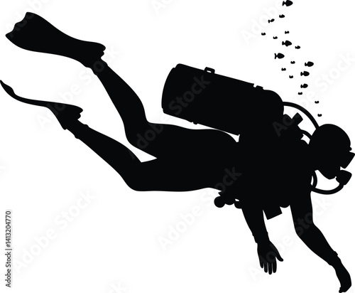Silhouette of a Scuba Diver and Fish Swimming Underwater in the Ocean

