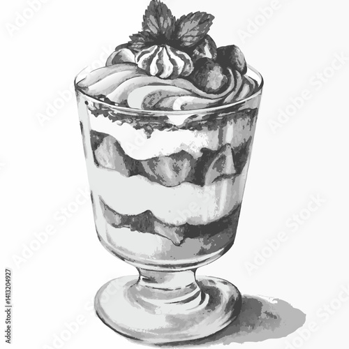 Strawberry Parfait in Tall Glass with Cream and Mint. Perfect for high-end patisserie branding, restaurant menus, upscale food blogs, packaging design, and culinary magazines.  