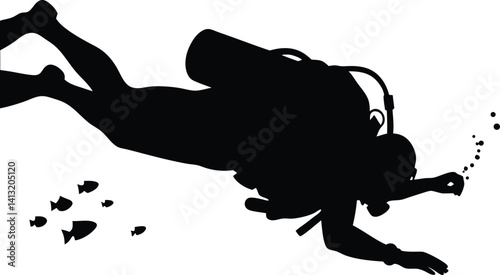Silhouette of a Scuba Diver and Fish Swimming Underwater in the Ocean

