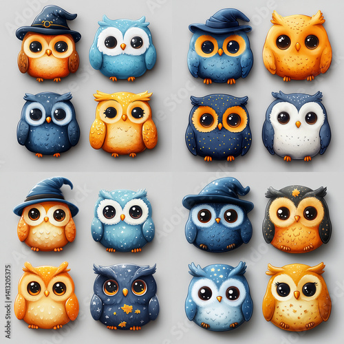 Set of tiny enchanted owls