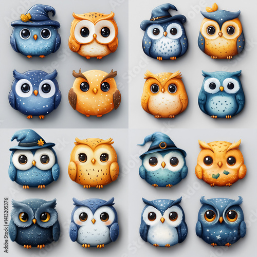 Set of tiny enchanted owls