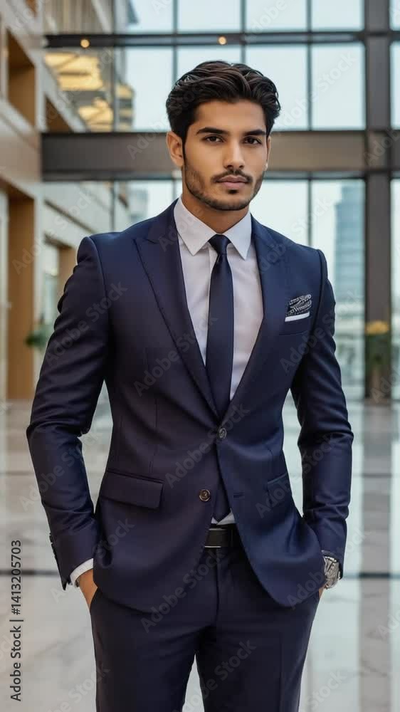 Confident young man in tailored suit stands with hands in pockets in contemporary office lobby for business or professional concept Confident young man in tailored suit stands with hands in pockets in contemporary office lobby for business or professional concept