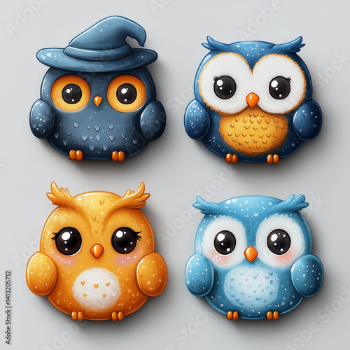 Set of tiny enchanted owls