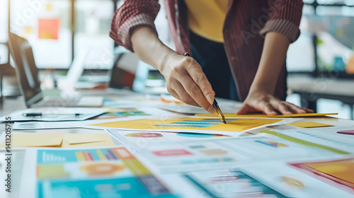 Person working on design project with pen and colorful papers on a cluttered office desk space
