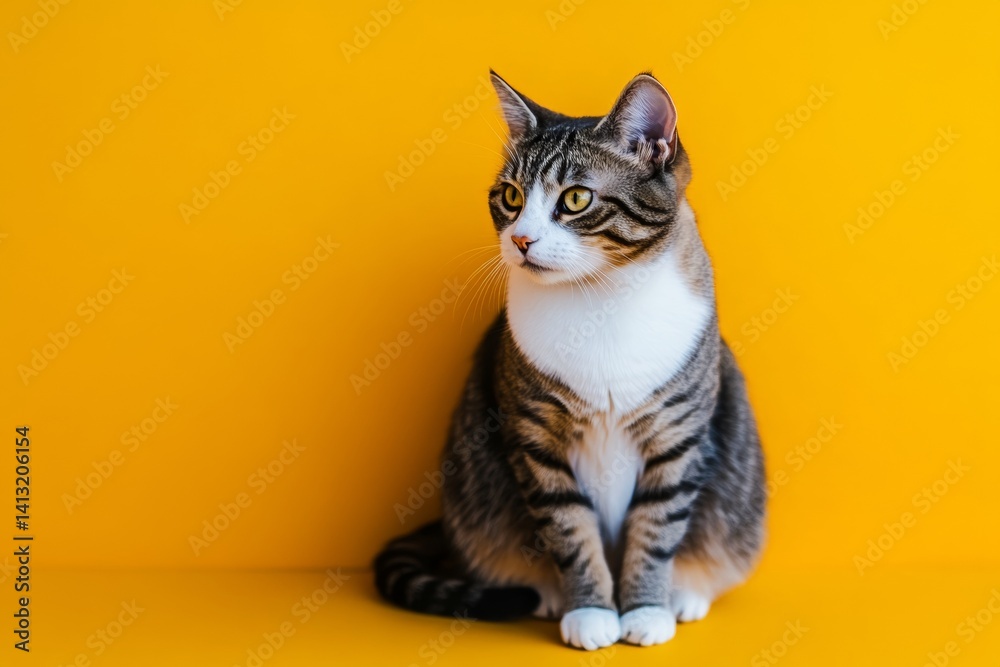 Obraz premium A calm tabby cat sits quietly against a vibrant yellow backdrop, showcasing its beautiful coat and attentive expression. The scene captures a serene moment of feline tranquility
