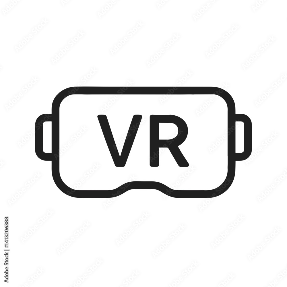 VR」の文字が入ったヘッドセットを描いたミニマルな黒のラインアイコン。バーチャルリアリティ、没入型技術、デジタル体験を象徴。 VR」の文字が入ったヘッドセットを描いたミニマルな黒のラインアイコン。バーチャルリアリティ、没入型技術、デジタル体験を象徴。
