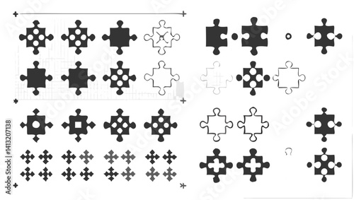 Intricate puzzle pieces forming a cohesive whole grayscale image with varying shades and patterns