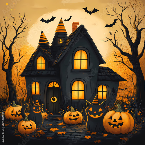 A cute haunted house filled with smiling bats