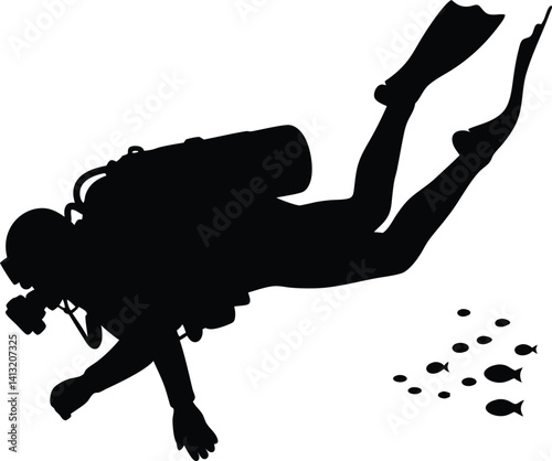 Silhouette of a Scuba Diver and Fish Swimming Underwater in the Ocean

