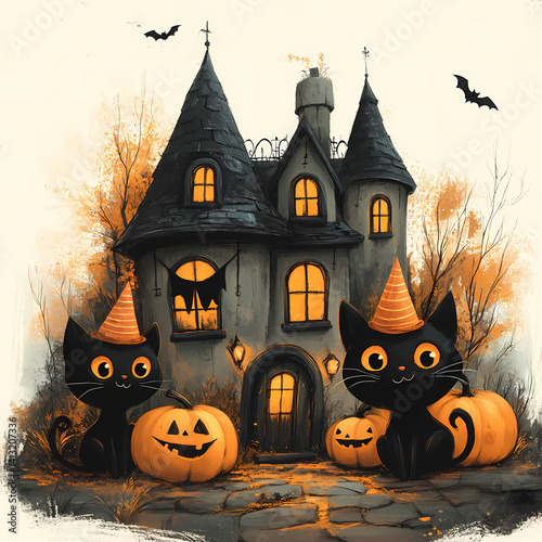 A cute haunted house filled with smiling bats