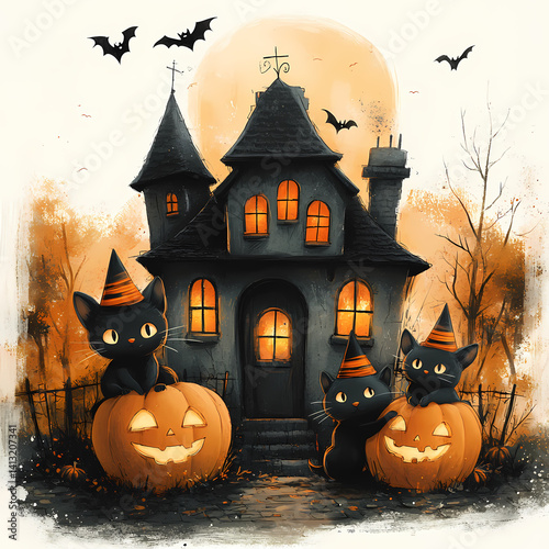 A cute haunted house filled with smiling bats