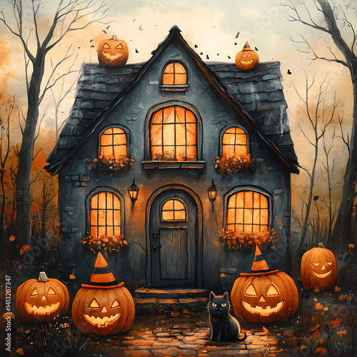A cute haunted house filled with smiling bats