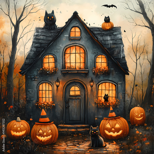 A cute haunted house filled with smiling bats