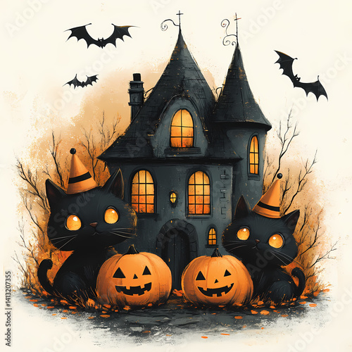 A cute haunted house filled with smiling bats