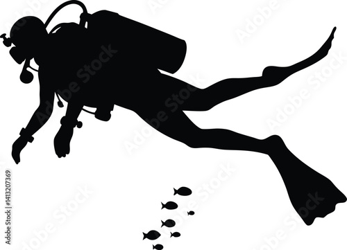 Silhouette of a Scuba Diver and Fish Swimming Underwater in the Ocean

