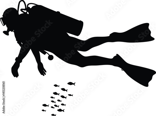 Silhouette of a Scuba Diver and Fish Swimming Underwater in the Ocean

