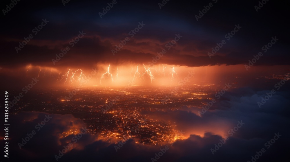 Fototapeta premium Dramatic Aerial View of Lightning Over a City with Fiery Clouds and a Dark Sky