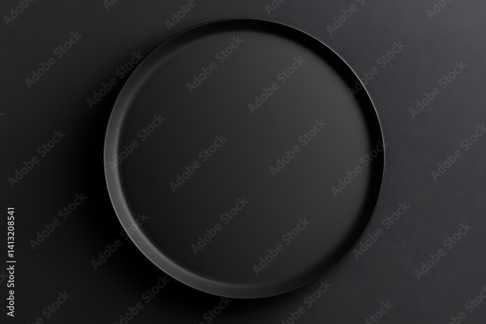 Minimalist product photography of a round metal tray on dark surface Minimalist product photography of a round metal tray on dark surface