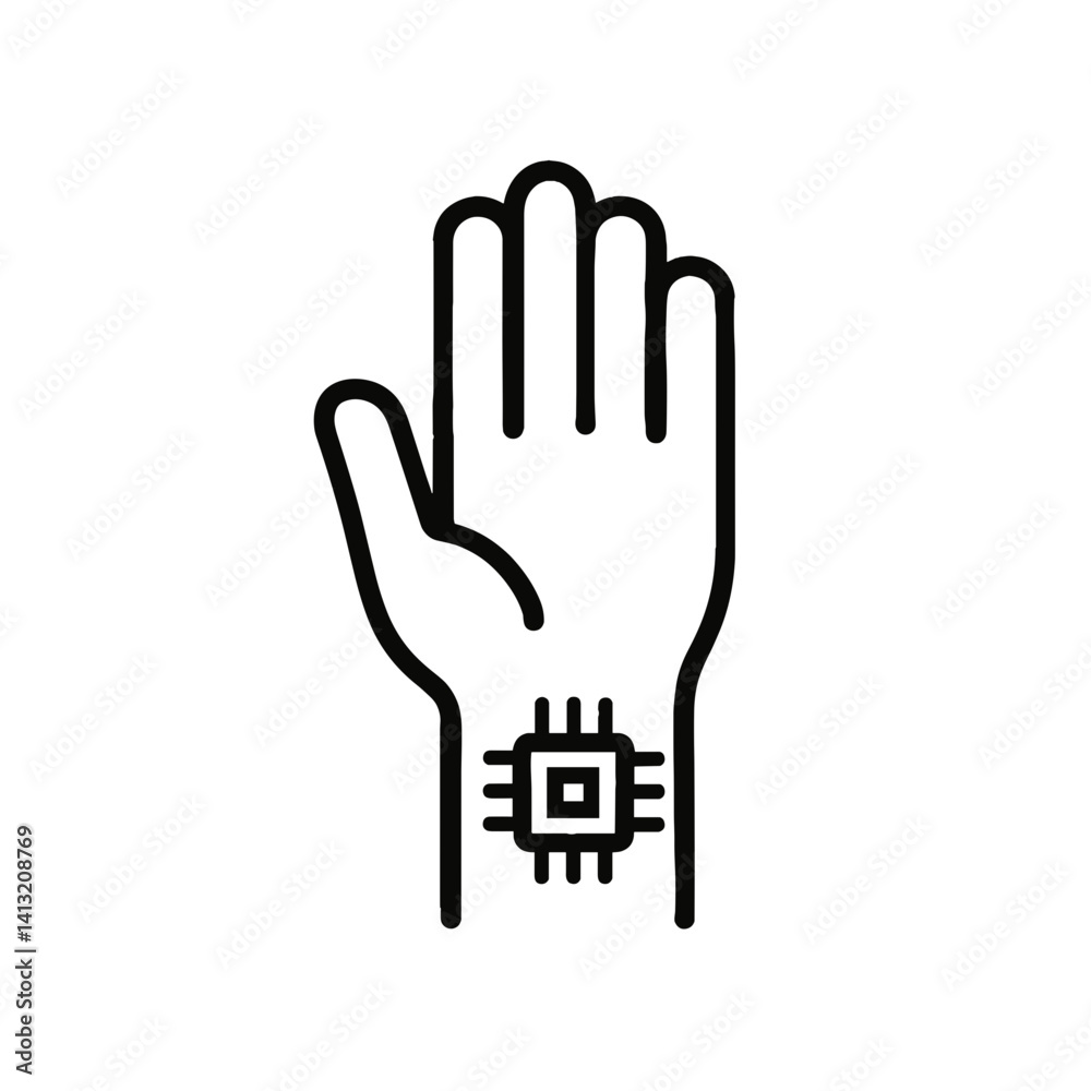 Obraz premium Minimal black line icon of human hand with microchip implant symbolizing biohacking, wearable technology, and human augmentation