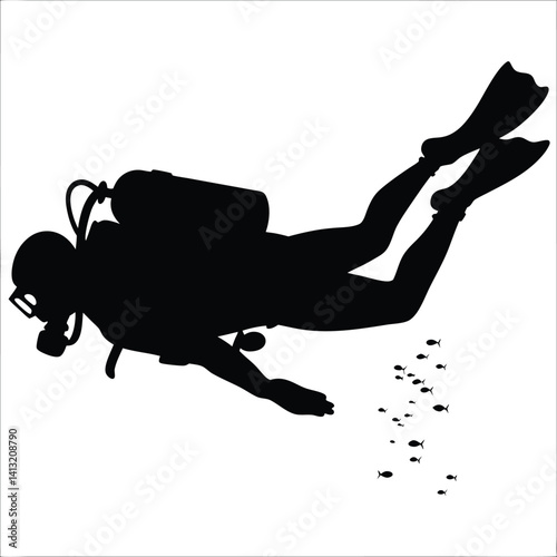 Silhouette of a Scuba Diver and Fish Swimming Underwater in the Ocean

