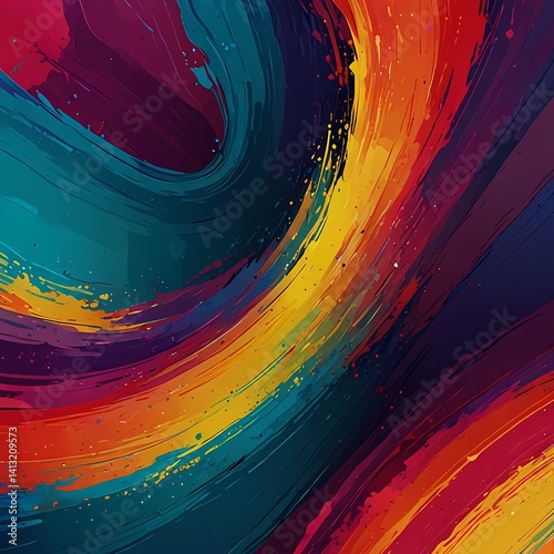 An abstract digital artwork featuring color strokes that incorporate a dynamic mix of orange, red, yellow, blue, turquoise, and purple, creating a sense of movement and energy.