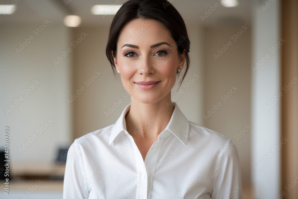 A confident businesswoman radiates poise and success in a crisp white shirt, soft lighting enhancing her natural beauty. A confident businesswoman radiates poise and success in a crisp white shirt, soft lighting enhancing her natural beauty.