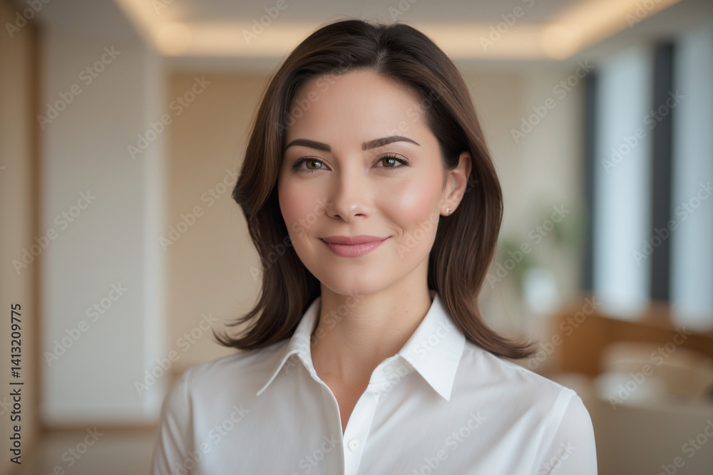 A confident professional woman with a warm smile, exuding poise and success in a softly lit, modern interior. A confident professional woman with a warm smile, exuding poise and success in a softly lit, modern interior.