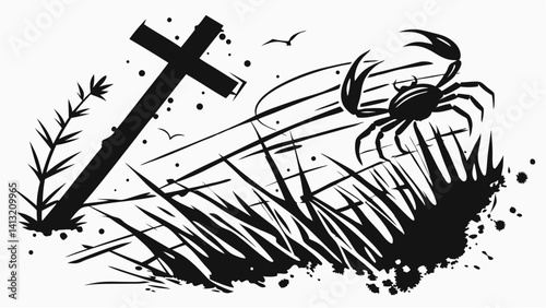 A stark black and white illustration depicts a cross in overgrown grass a crab scurrying away