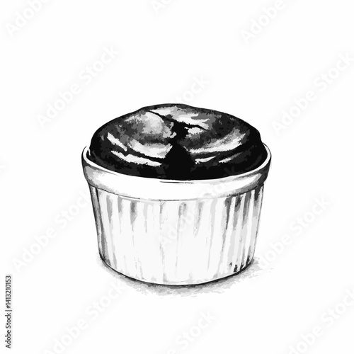 Vector illustration of chocolate soufflé in a porcelain cup. Perfect for high-end patisserie branding, restaurant menus, upscale food blogs, packaging design, and culinary magazines.