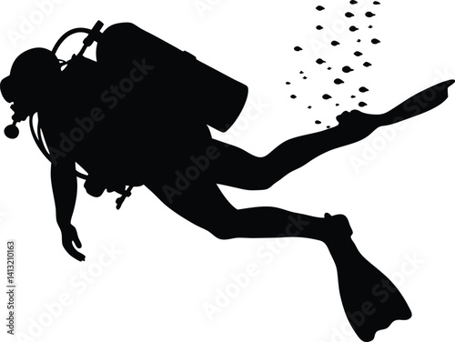 Silhouette of a Scuba Diver and Fish Swimming Underwater in the Ocean

