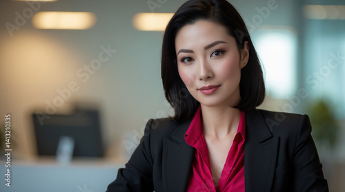 A poised businesswoman exudes confidence and professionalism in a modern office setting, showcasing her sharp style and subtle elegance with soft lighting and a blurred background.