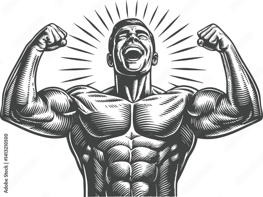 Obraz premium Black and white engraving of a muscular bodybuilder flexing with exaggerated muscles and laughing expression