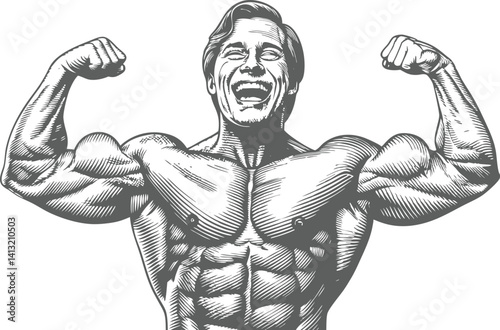 Black and white engraving of a muscular bodybuilder flexing with exaggerated muscles and laughing expression

