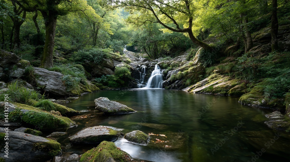 Fototapeta premium Serene waterfall nestled in lush forest