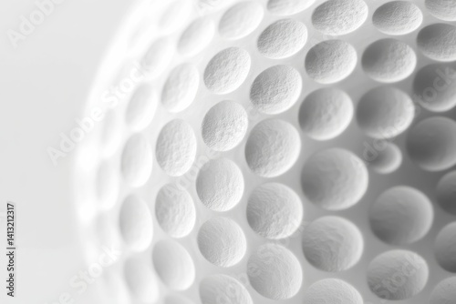 Macro shot of a dimpled white sphere, showcasing texture and pattern, revealing geometric precision and subtle gradients. Focus on design elements.