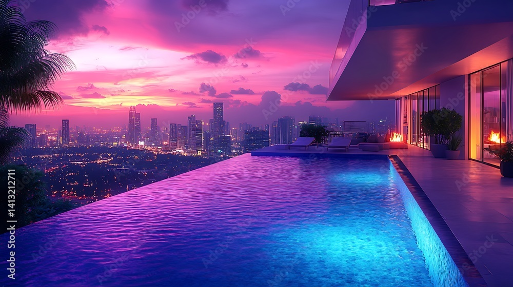 Obraz premium Luxury Apartment Infinity Pool Overlooking City Skyline At Sunset Photo