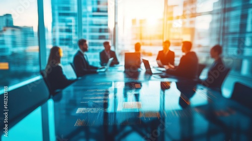 Wallpaper Mural Business Team Meeting in Modern Office with City View at Sunset Torontodigital.ca