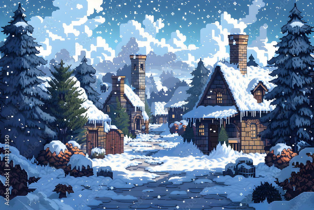 Fototapeta premium Winter Village Landscape with Snowy Houses Pixel Art Style Snow Covered Trees and Buildings With Sky Background in Retro Style