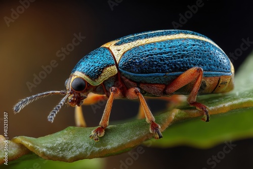 Colorful beetle with metallic blue and orange body, intricate textures, and fine details, perched on a green leaf with antennae extended, captured in sharp macro focus photo